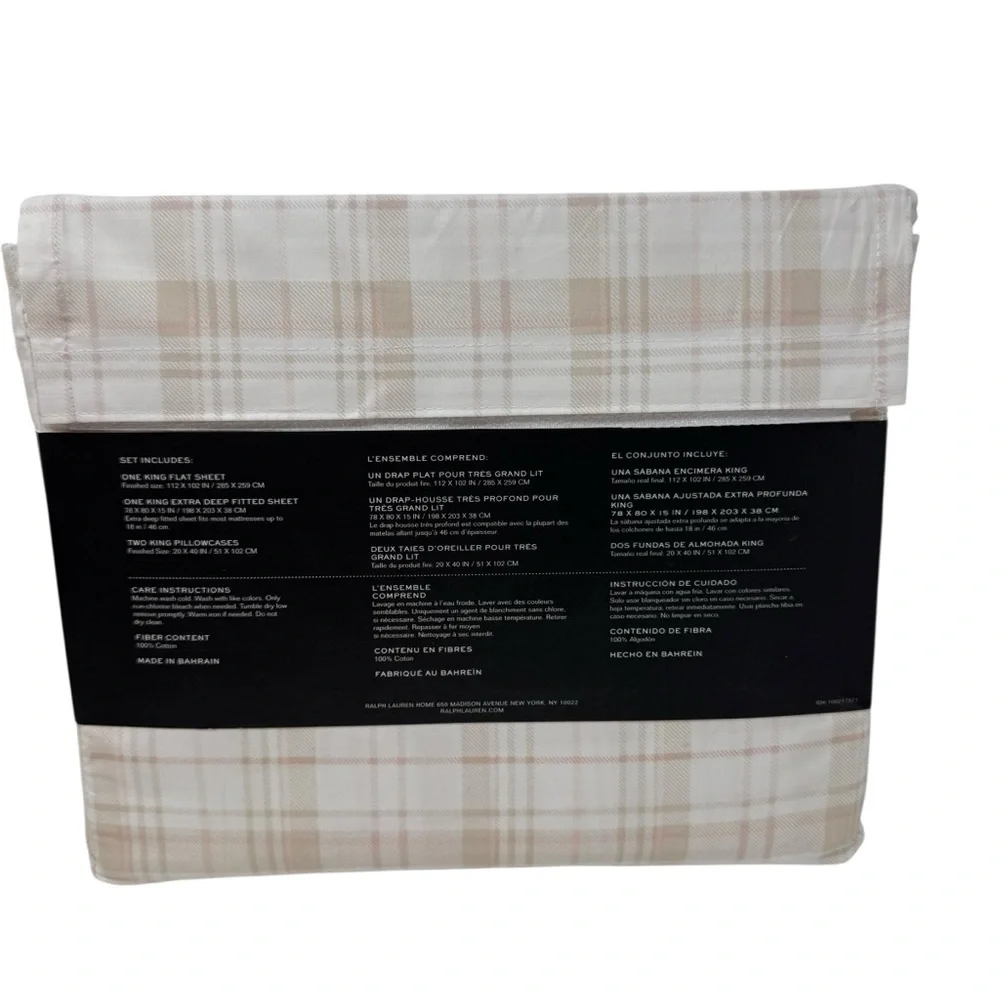 Lauren Ralph Lauren Erica plaid King Sheet Set Pink Cream NWT